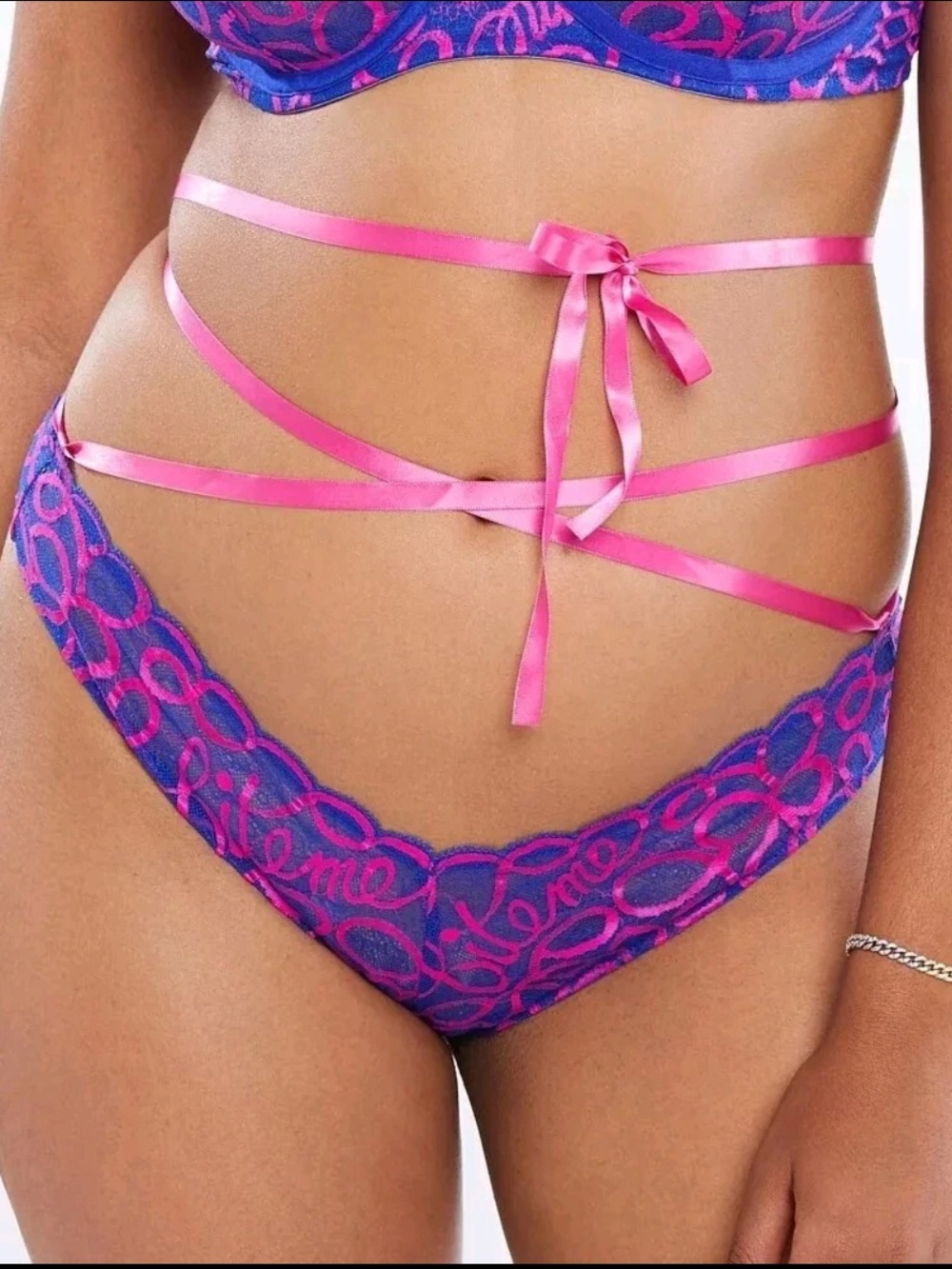 NWT Savage X Fenty Ribbon Writing Lace Brazilian W/ Removable Tie Blue Pink 1X